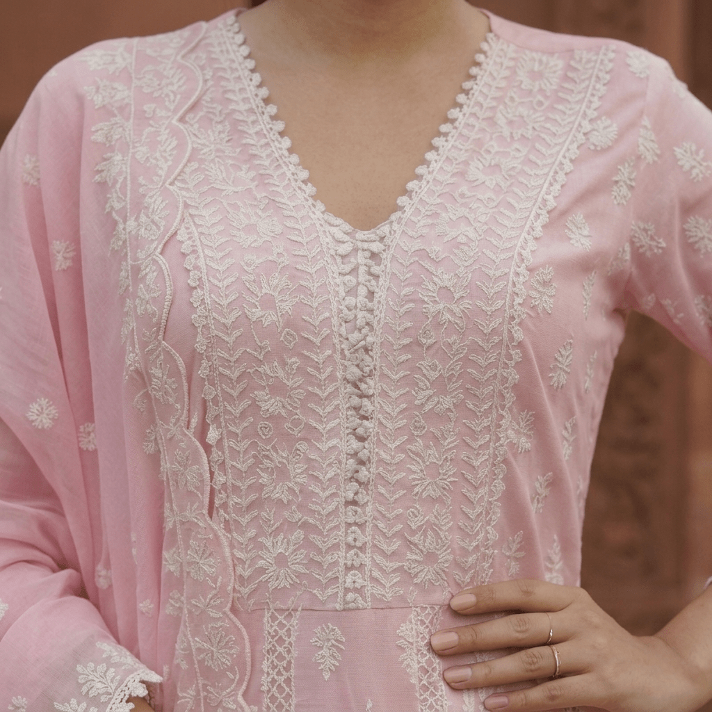 Pink Pure Mulmul Cotton Chikankari Anarkali Suit Set - Tevar Studio