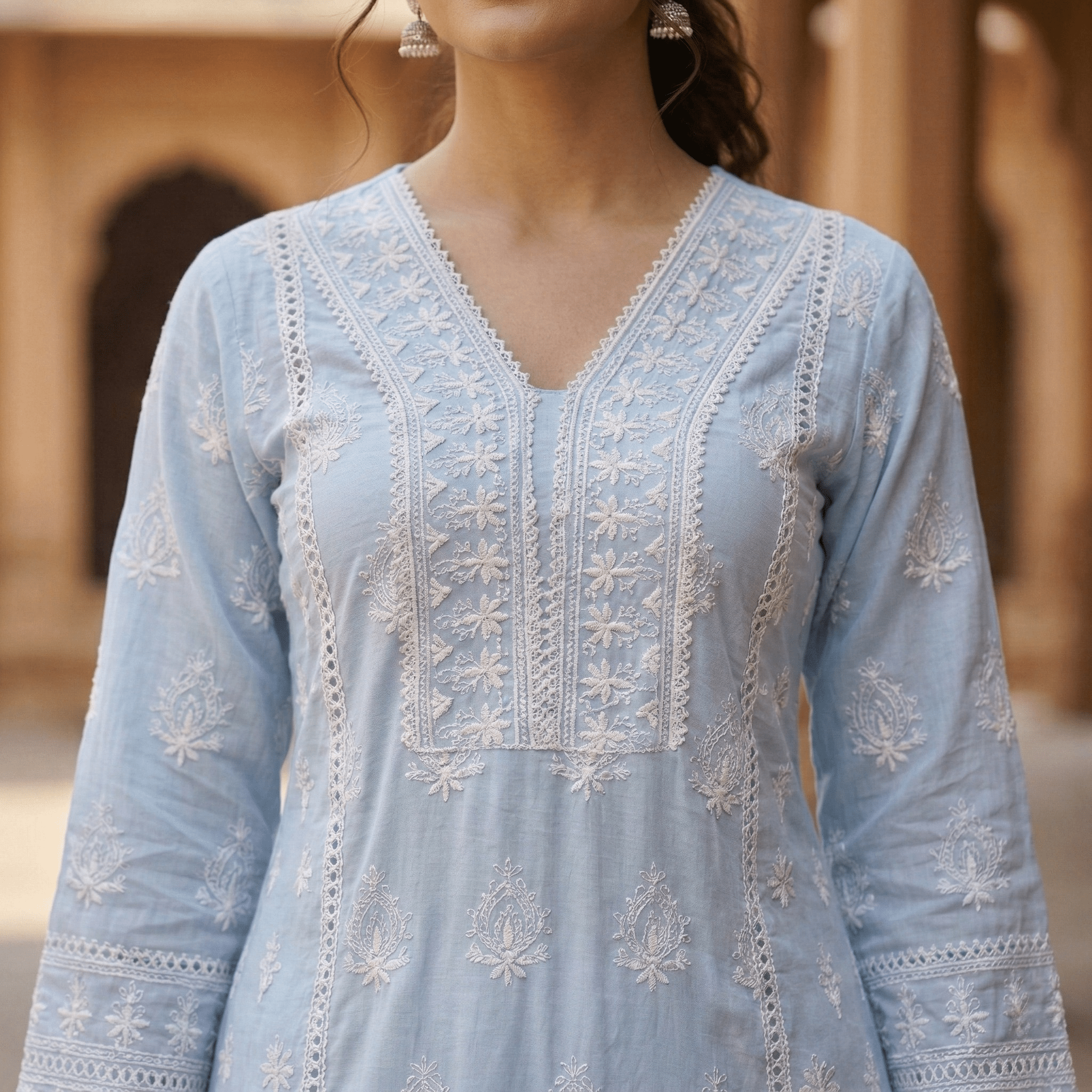 Pure Cotton Chikankari Straight Kurta Suit Set with Dupatta - Tevar Studio