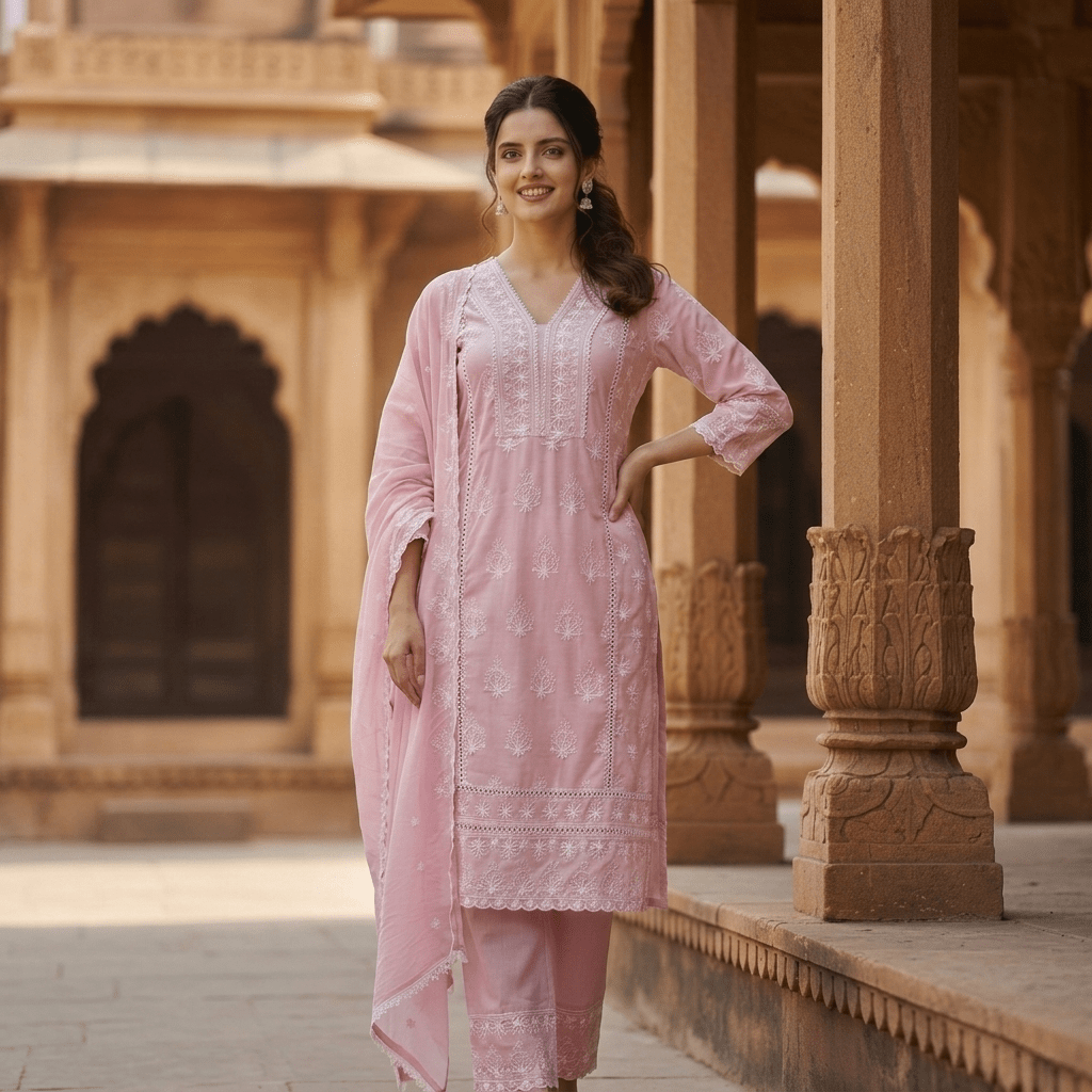 Pure Cotton Chikankari Straight Kurta Suit Set with Dupatta - Tevar Studio