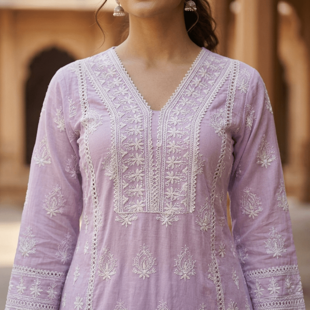 Pure Cotton Chikankari Straight Kurta Suit Set with Dupatta - Tevar Studio