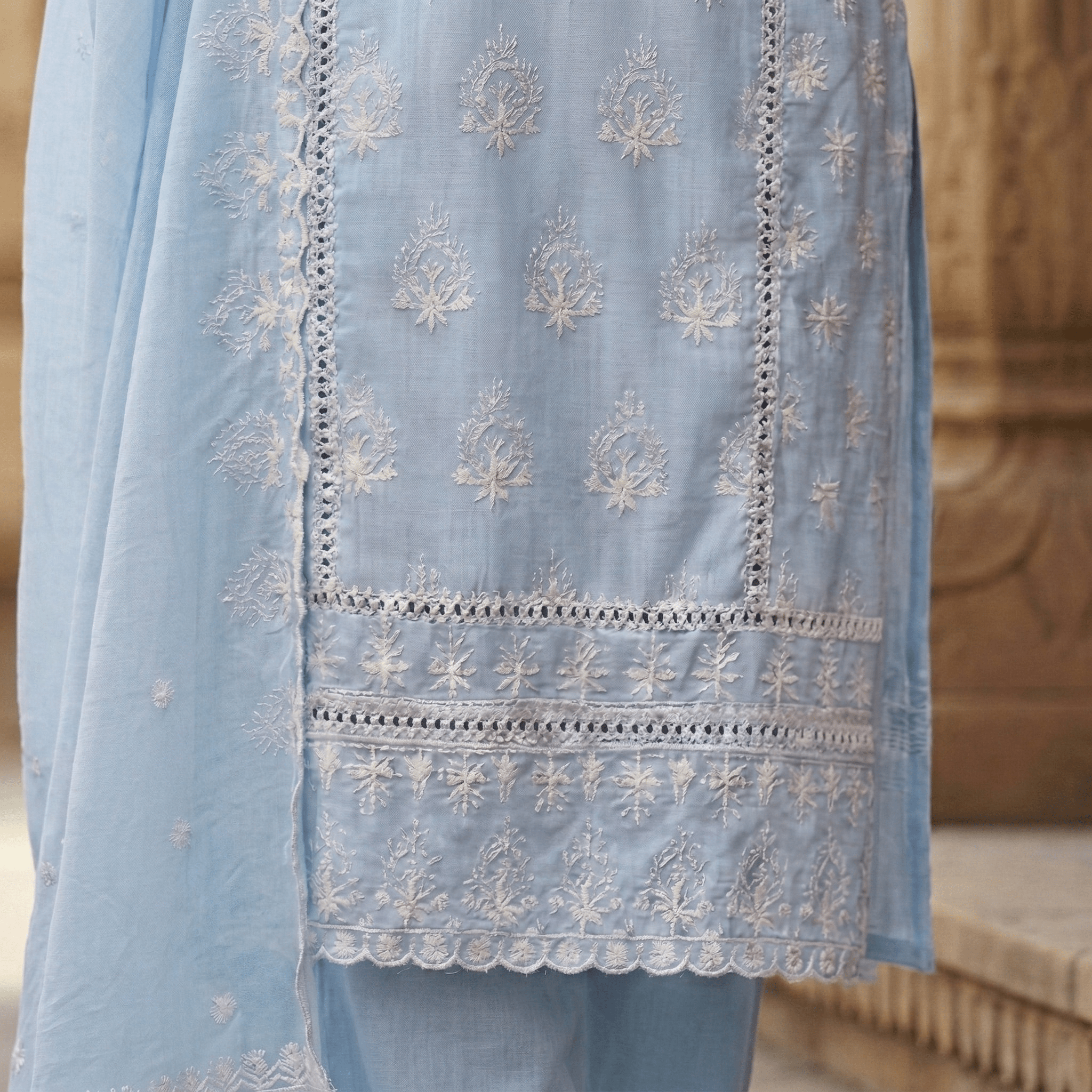 Pure Cotton Chikankari Straight Kurta Suit Set with Dupatta - Tevar Studio