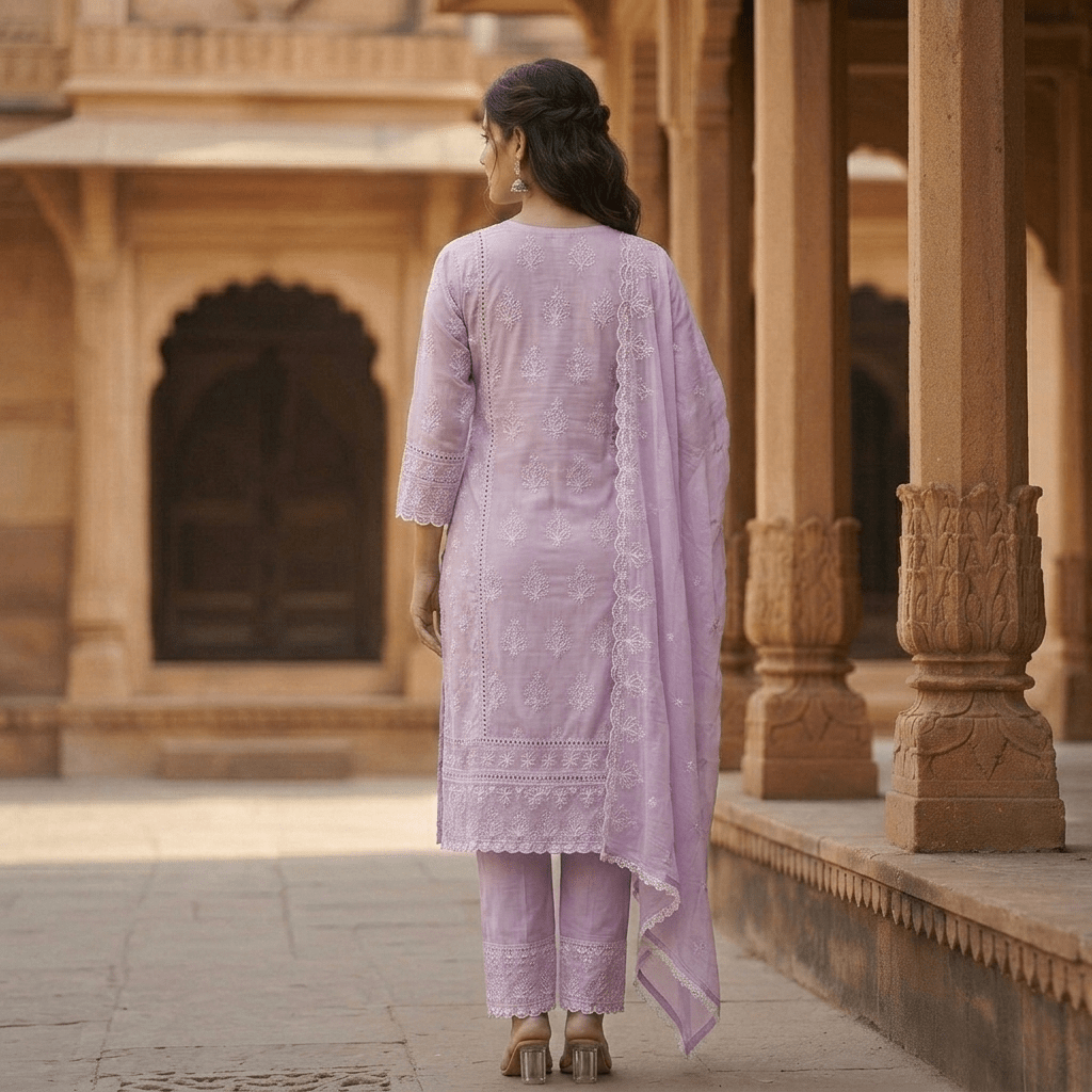 Pure Cotton Chikankari Straight Kurta Suit Set with Dupatta - Tevar Studio
