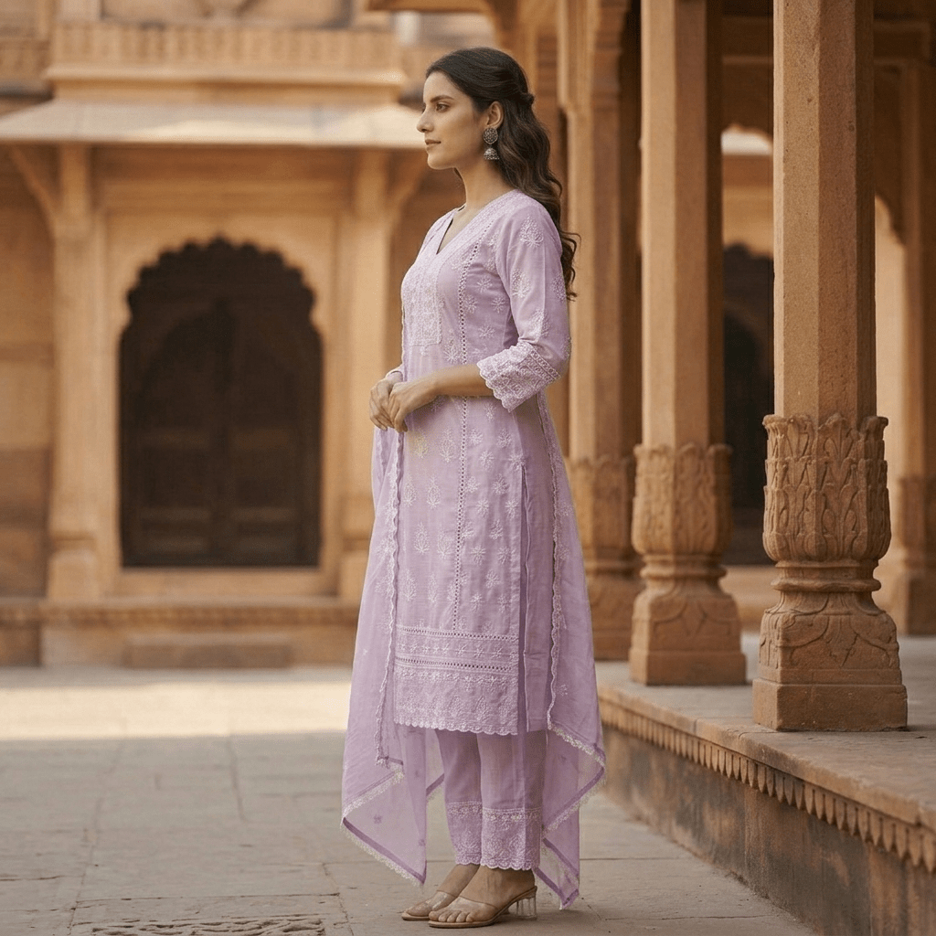 Pure Cotton Chikankari Straight Kurta Suit Set with Dupatta - Tevar Studio