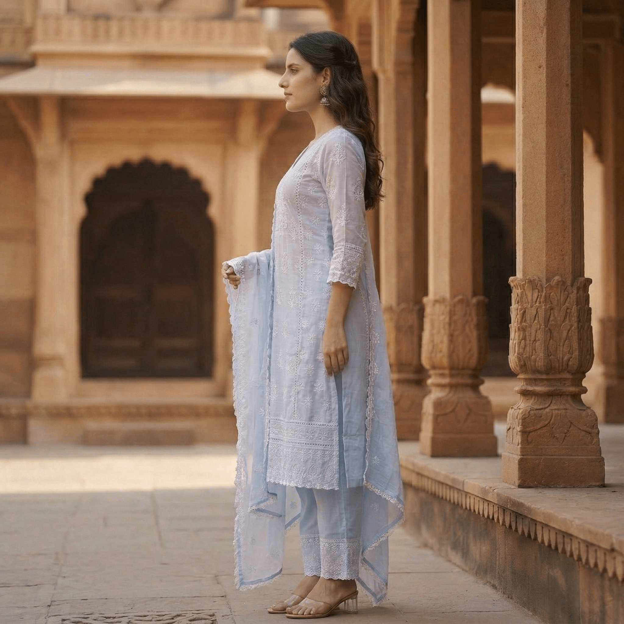 Pure Cotton Chikankari Straight Kurta Suit Set with Dupatta - Tevar Studio