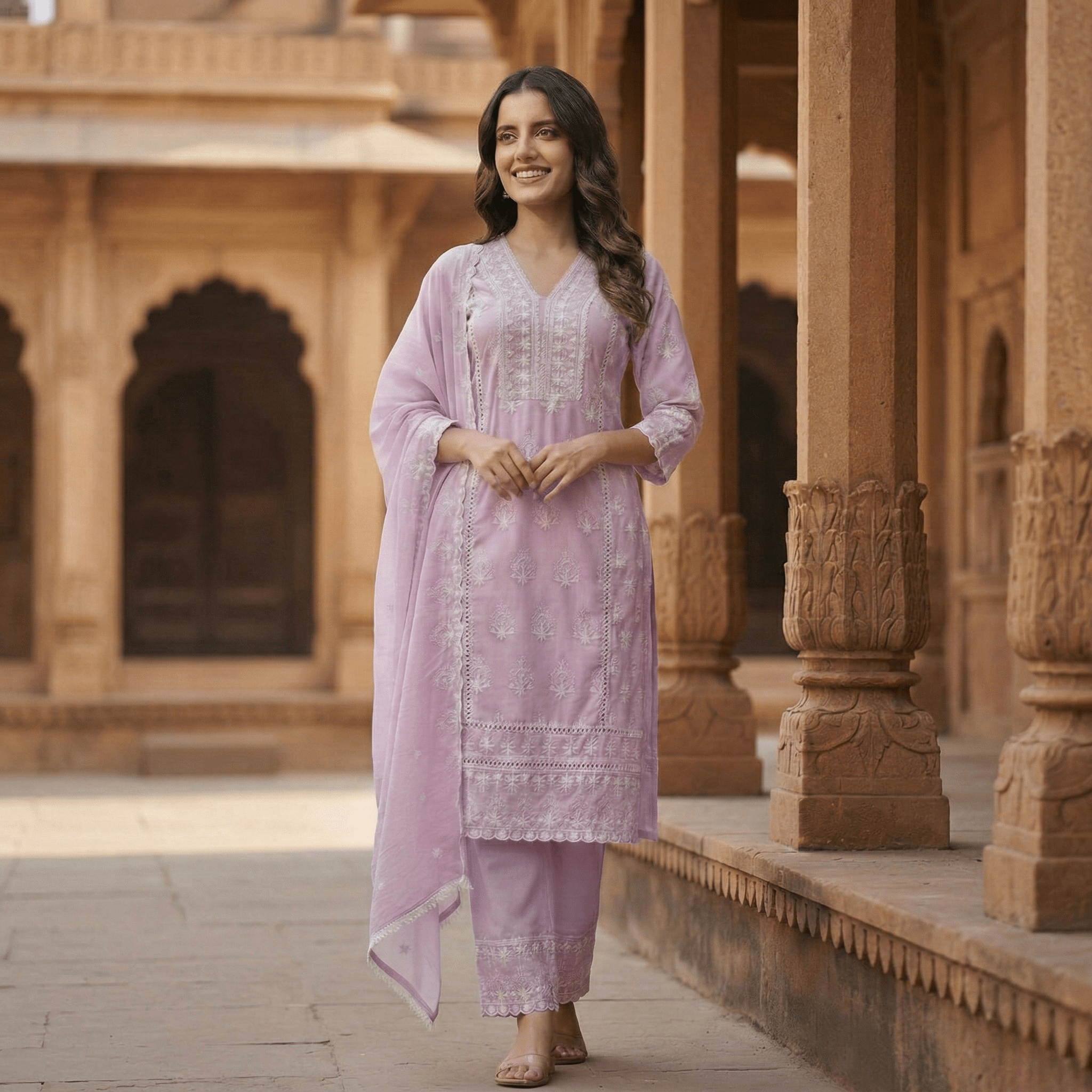 Pure Cotton Chikankari Straight Kurta Suit Set with Dupatta - Tevar Studio