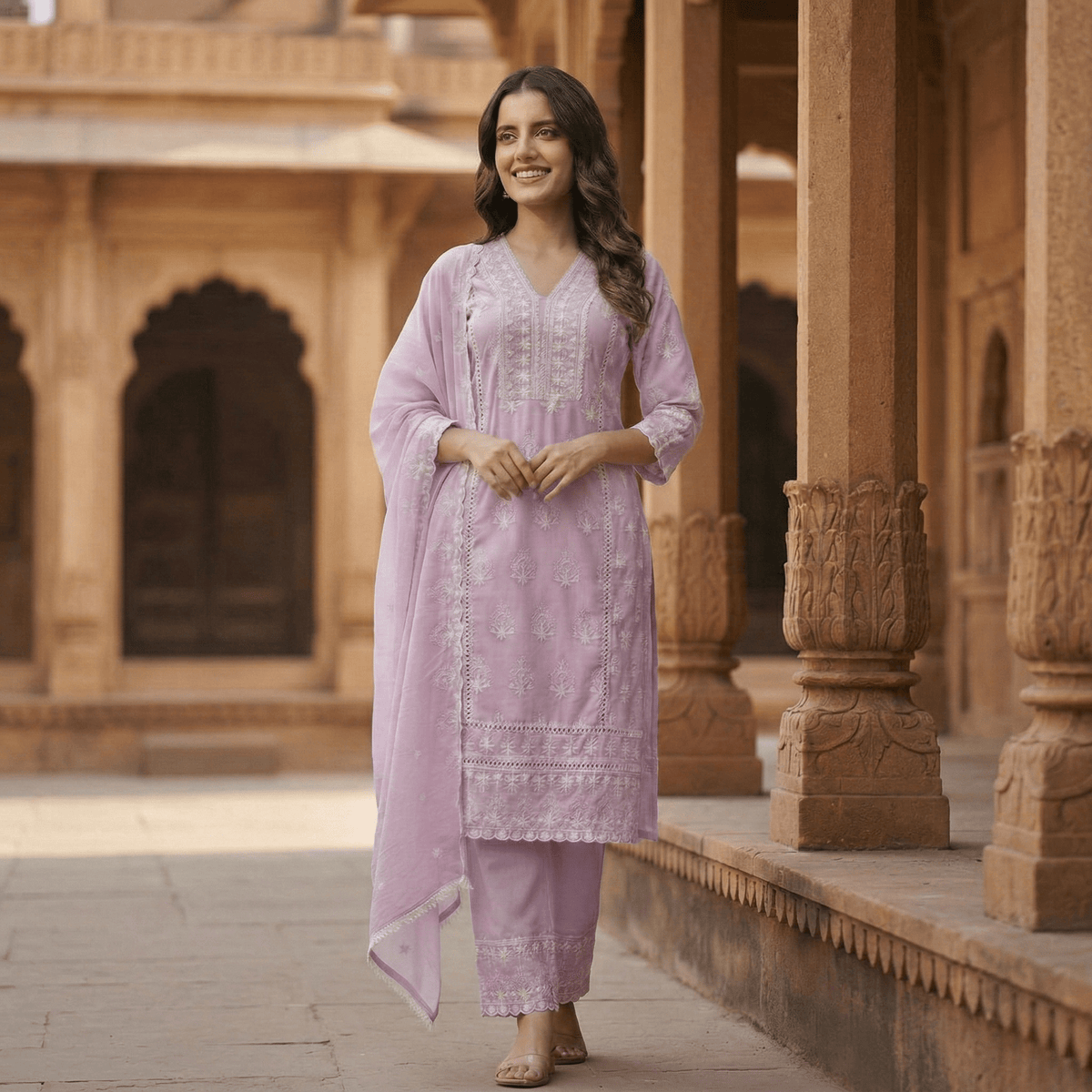 Pure Cotton Chikankari Straight Kurta Suit Set with Dupatta - Tevar Studio