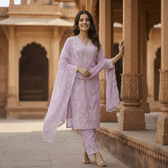 Pure Cotton Chikankari Straight Kurta Suit Set with Dupatta - Tevar Studio