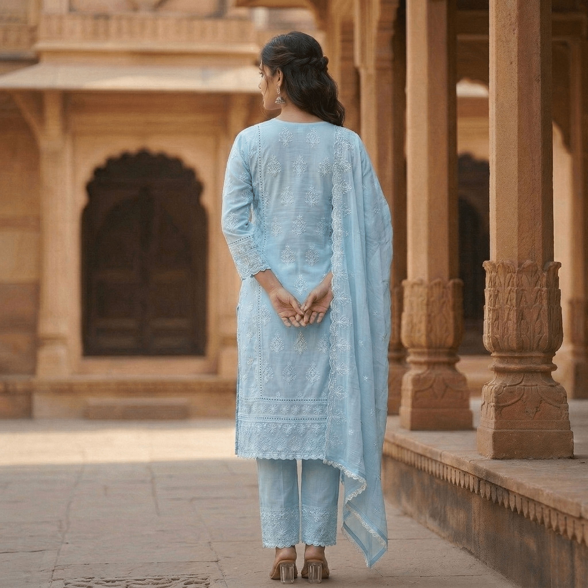Pure Cotton Chikankari Straight Kurta Suit Set with Dupatta - Tevar Studio