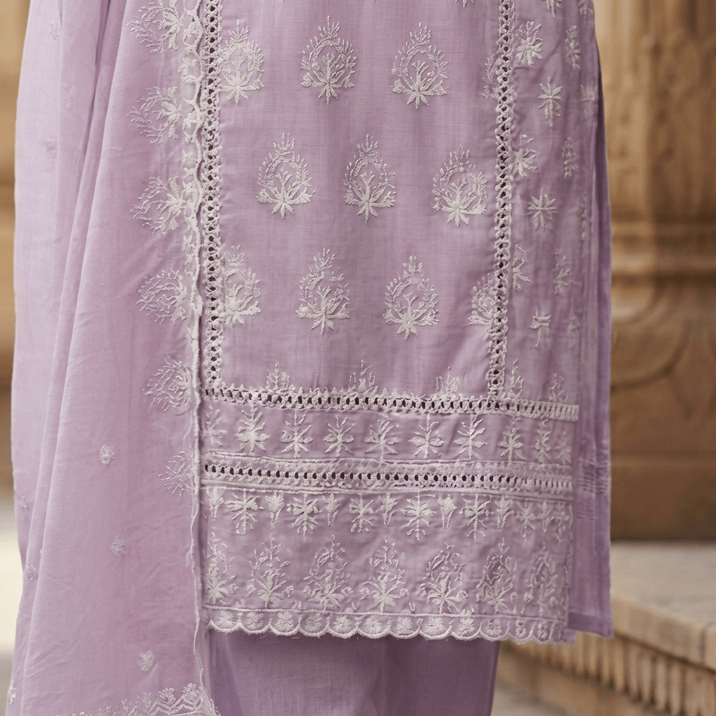 Pure Cotton Chikankari Straight Kurta Suit Set with Dupatta - Tevar Studio