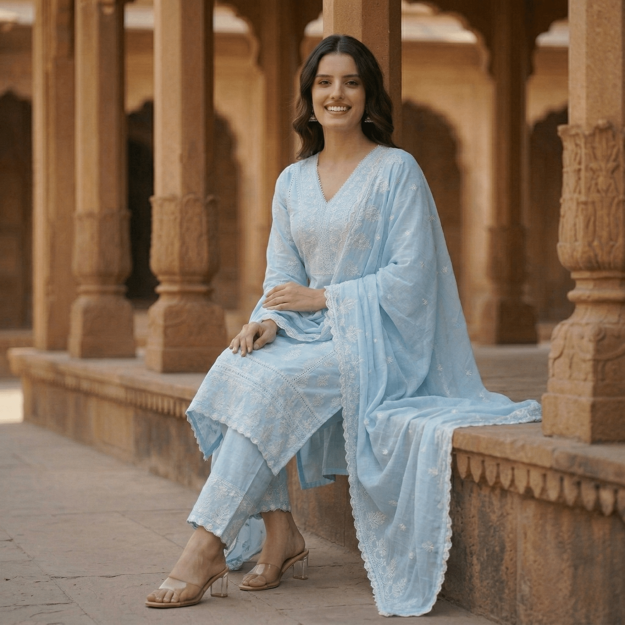 Pure Cotton Chikankari Straight Kurta Suit Set with Dupatta - Tevar Studio