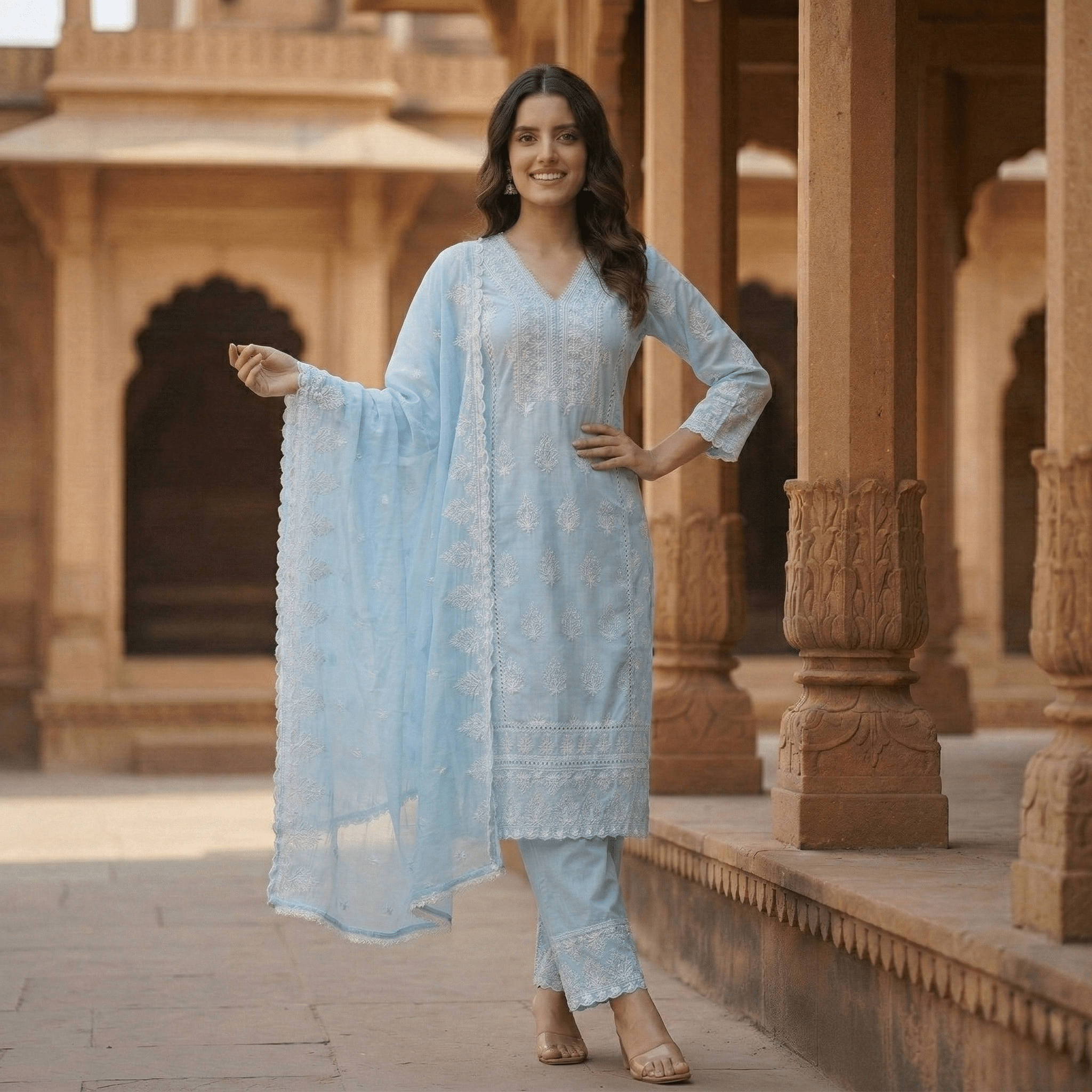 Pure Cotton Chikankari Straight Kurta Suit Set with Dupatta - Tevar Studio