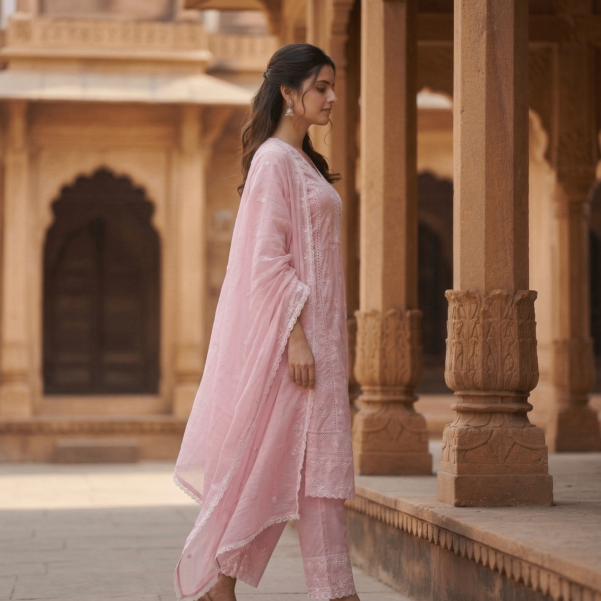 Pure Cotton Chikankari Straight Kurta Suit Set with Dupatta - Tevar Studio