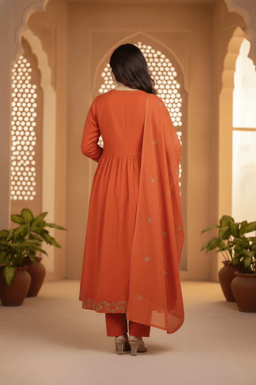 Rust Orange Embroidered Cotton Suit Set with Dupatta – Festive Wear for Women - Tevar Studio