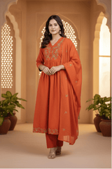 Rust Orange Embroidered Cotton Suit Set with Dupatta – Festive Wear for Women - Tevar Studio