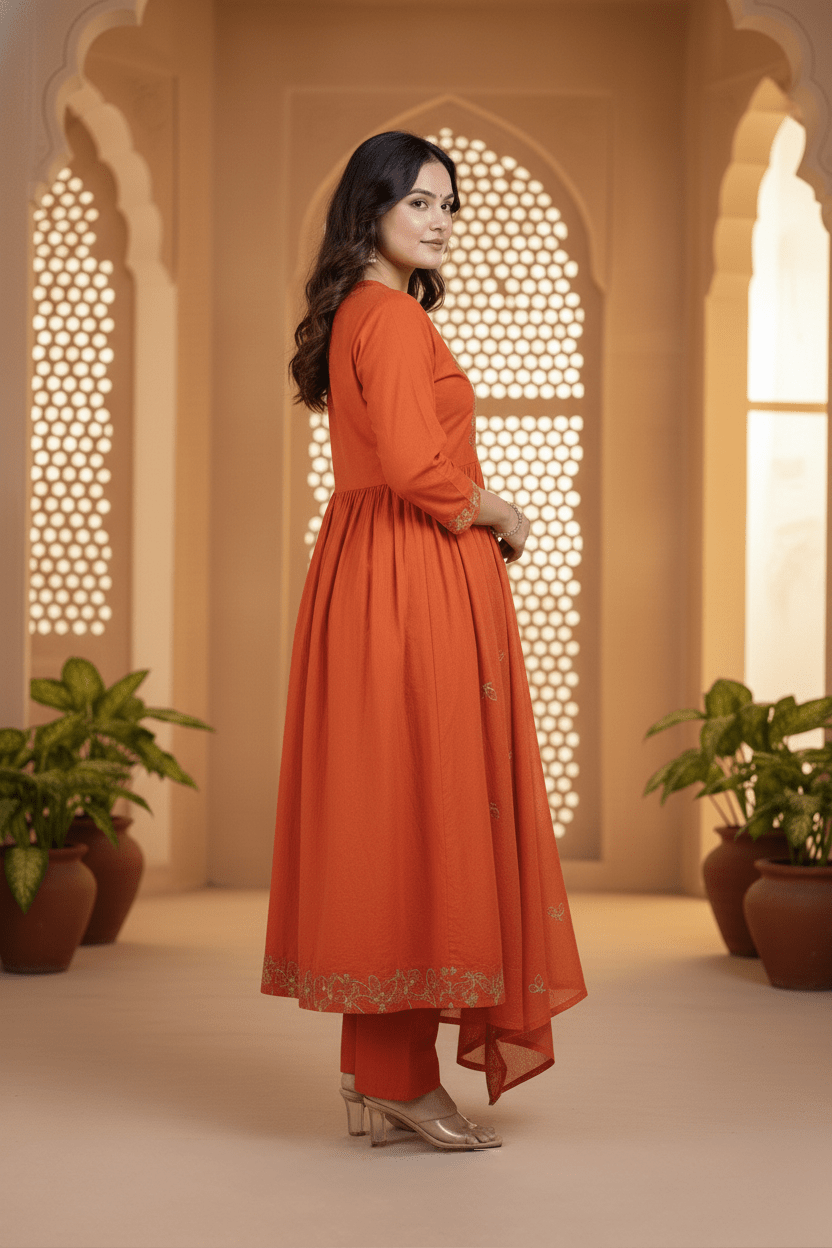 Rust Orange Embroidered Cotton Suit Set with Dupatta – Festive Wear for Women - Tevar Studio
