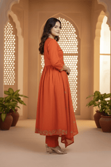 Rust Orange Embroidered Cotton Suit Set with Dupatta – Festive Wear for Women - Tevar Studio