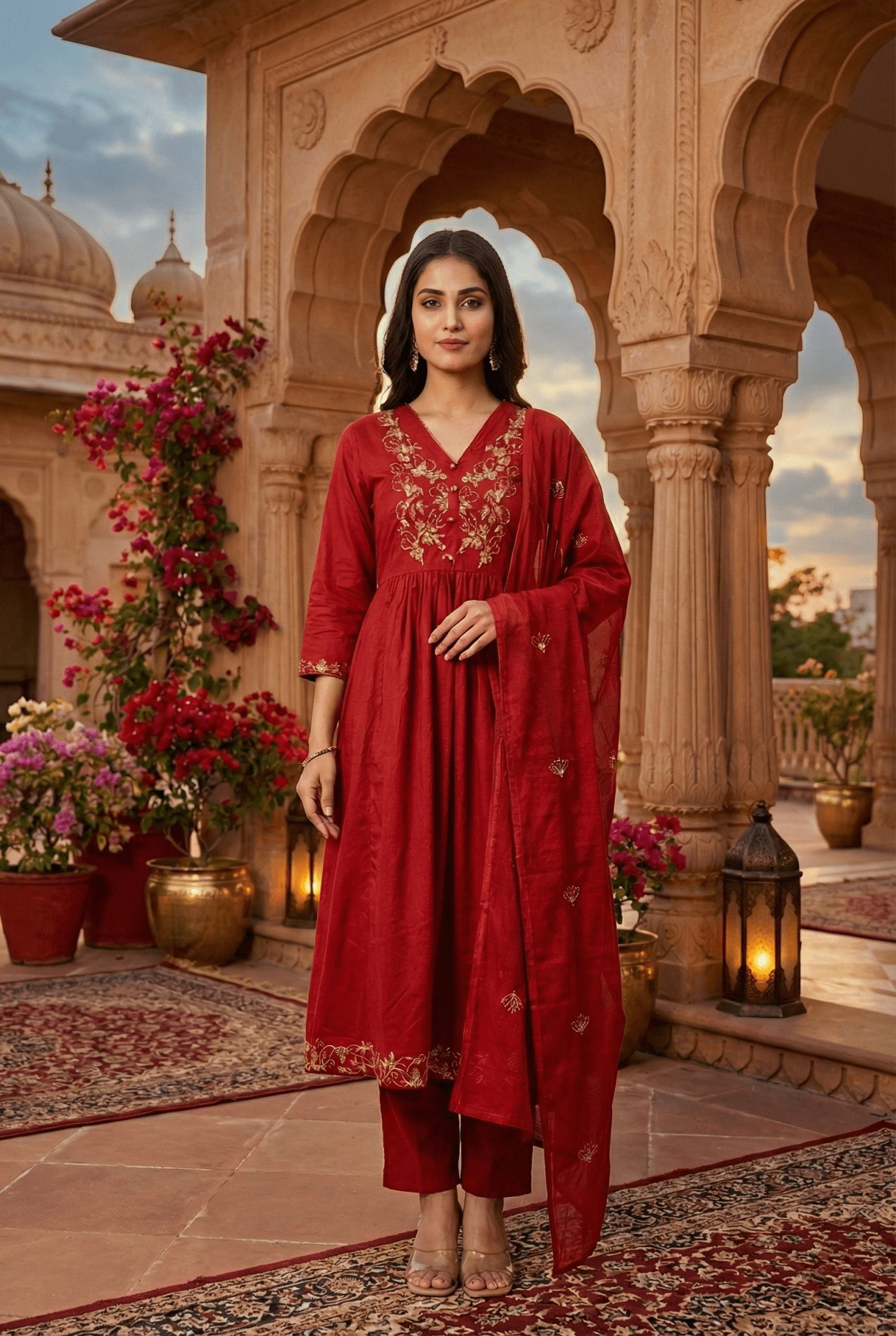 Rust Orange Embroidered Cotton Suit Set with Dupatta – Festive Wear for Women - Tevar Studio