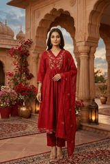 Rust Orange Embroidered Cotton Suit Set with Dupatta – Festive Wear for Women - Tevar Studio
