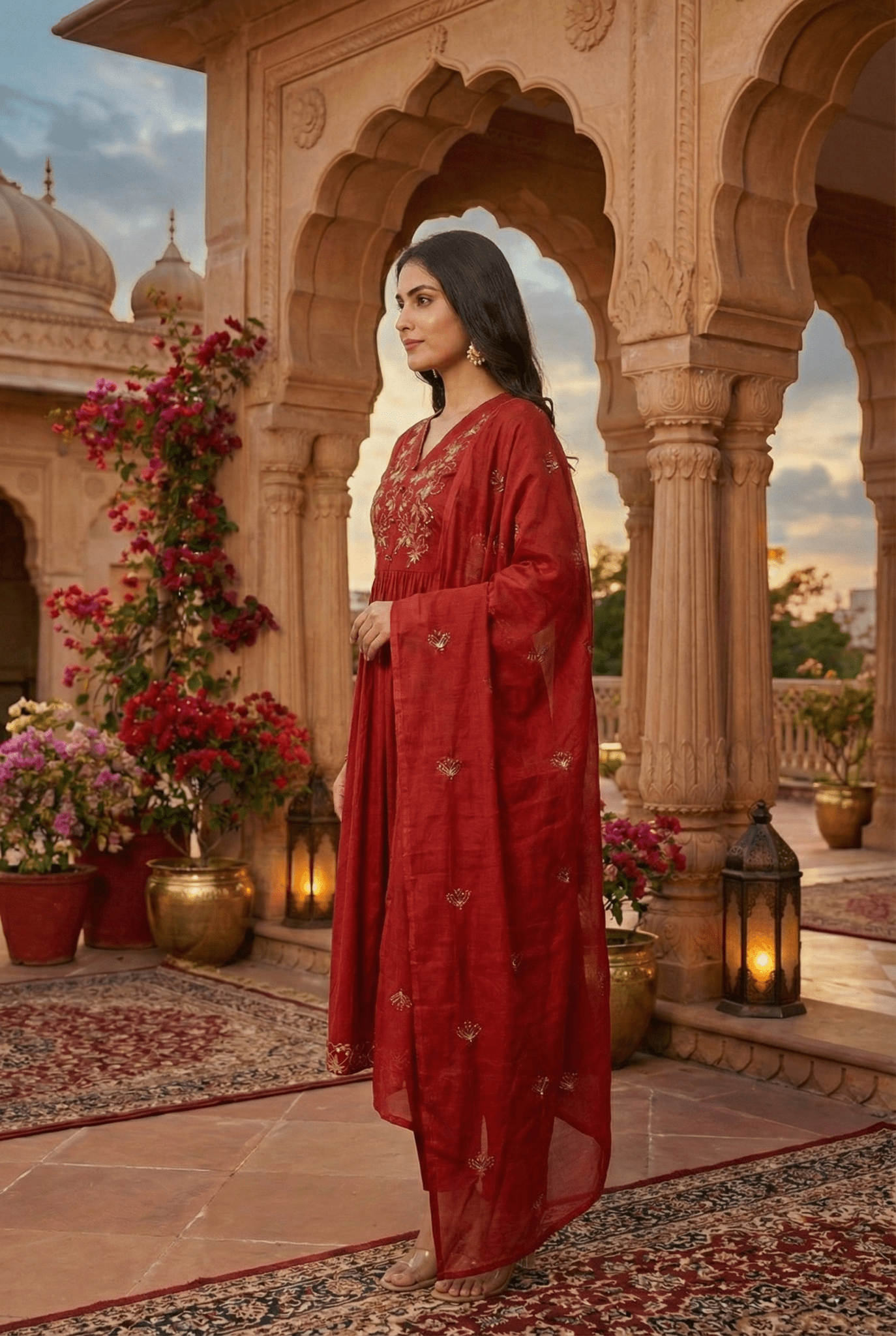 Rust Orange Embroidered Cotton Suit Set with Dupatta – Festive Wear for Women - Tevar Studio
