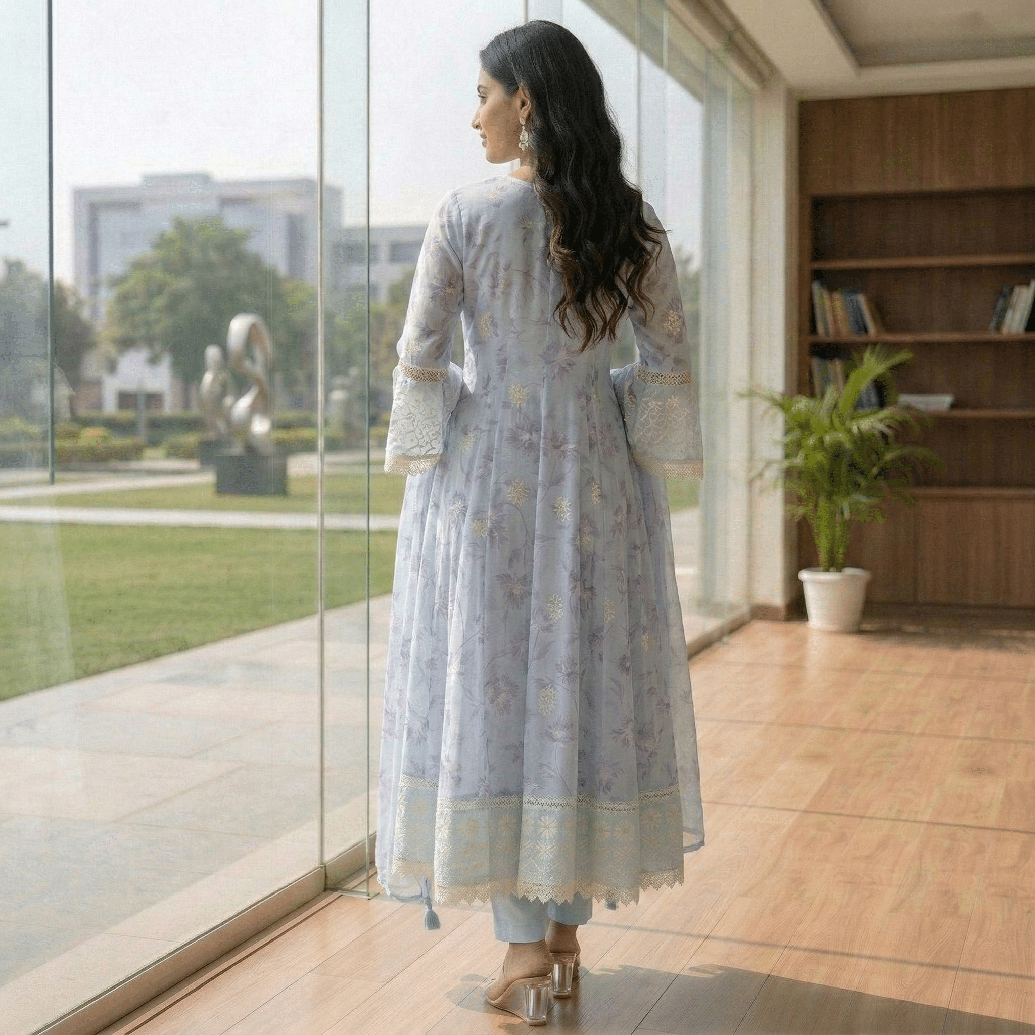 Sky Blue Pure Mul Cotton Digital Printed Chikan Work Anarkali Suit Set - Tevar Studio