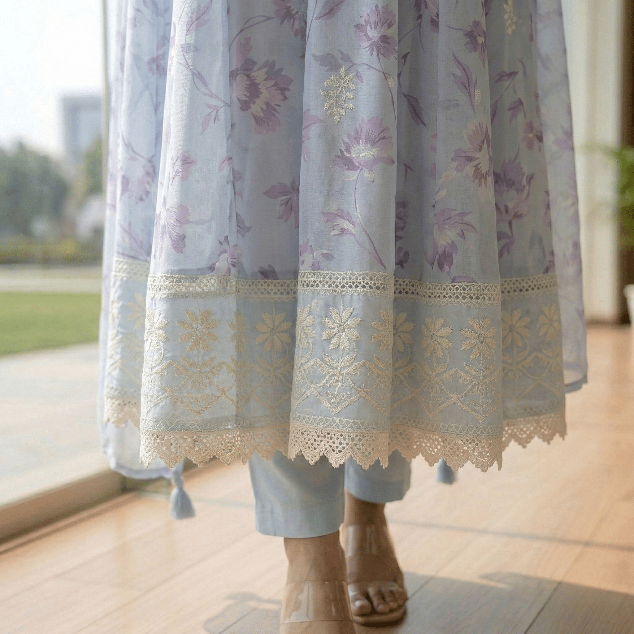 Sky Blue Pure Mul Cotton Digital Printed Chikan Work Anarkali Suit Set - Tevar Studio