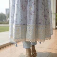 Sky Blue Pure Mul Cotton Digital Printed Chikan Work Anarkali Suit Set - Tevar Studio