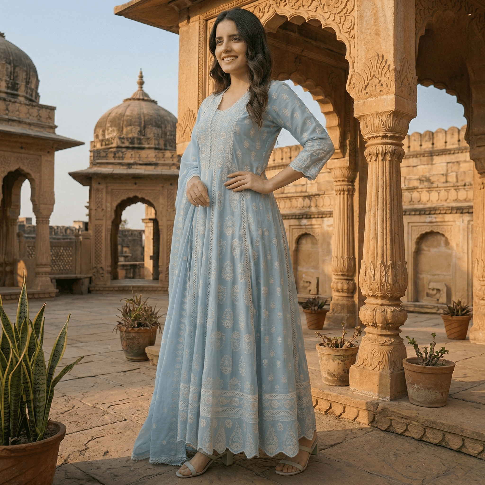 Sky Blue Pure Mulmul Cotton Chikankari Anarkali Suit Set - Tevar Studio