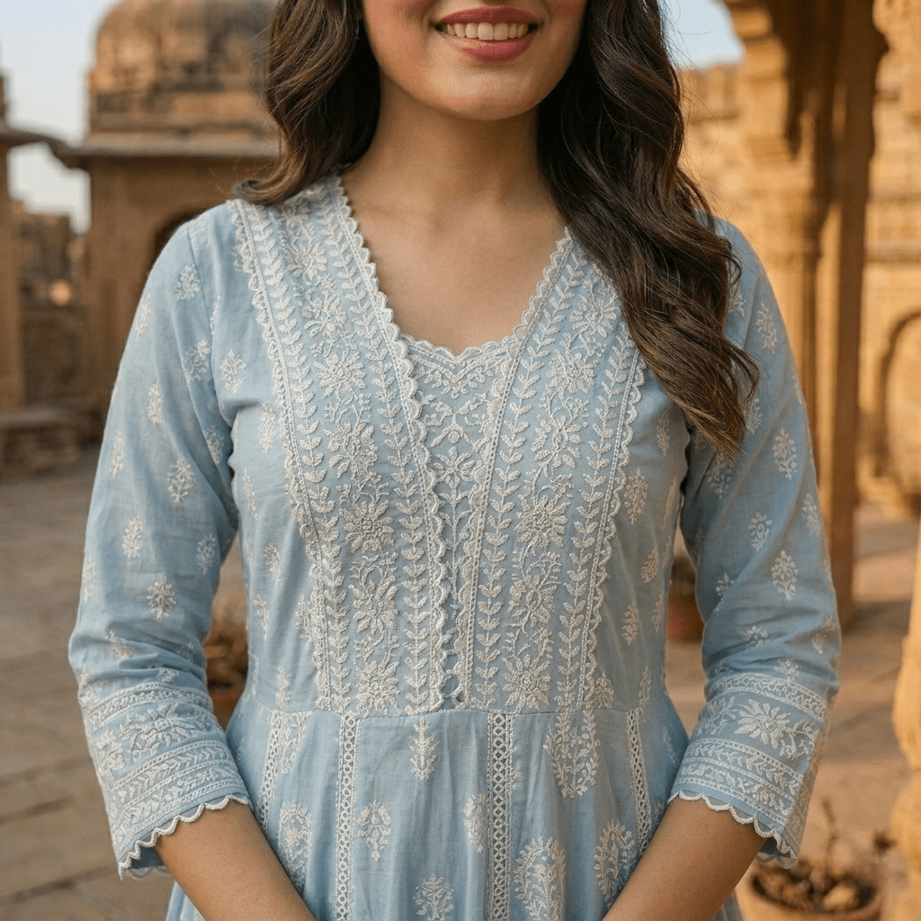 Sky Blue Pure Mulmul Cotton Chikankari Anarkali Suit Set - Tevar Studio