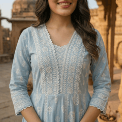 Sky Blue Pure Mulmul Cotton Chikankari Anarkali Suit Set - Tevar Studio