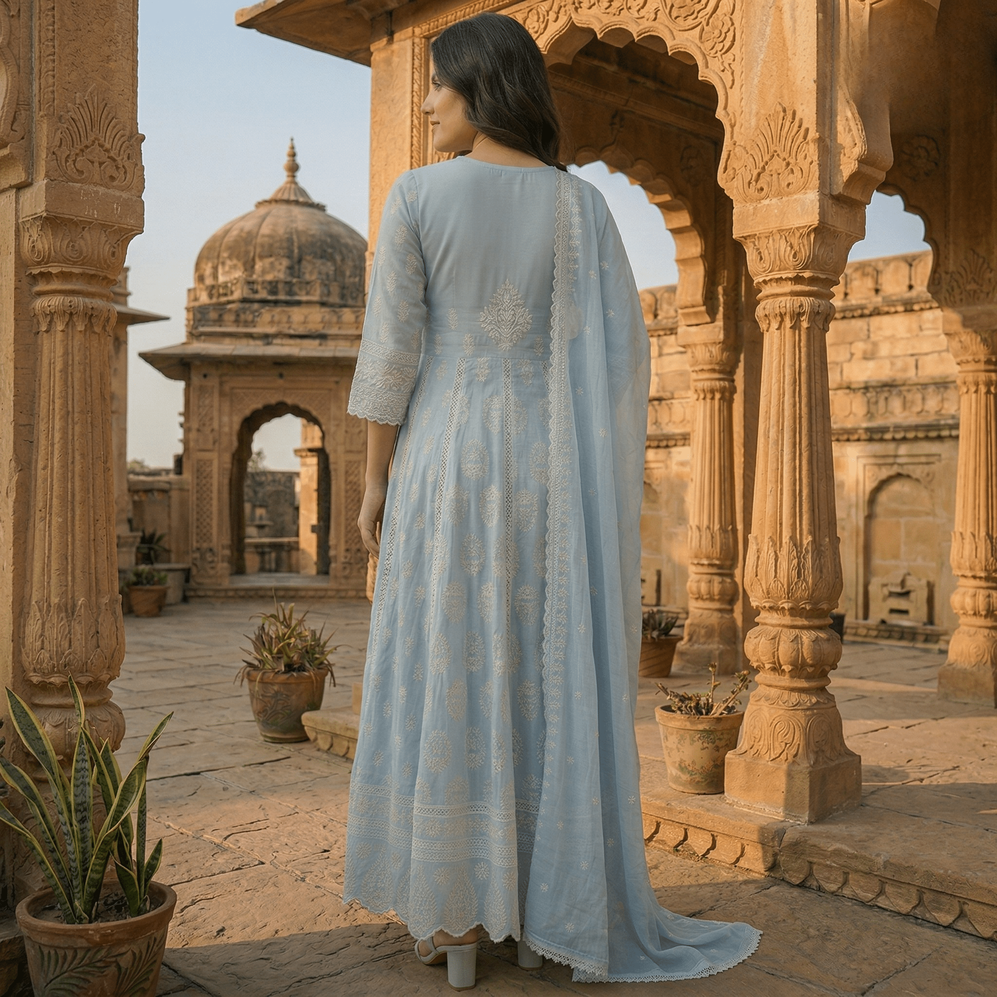 Sky Blue Pure Mulmul Cotton Chikankari Anarkali Suit Set - Tevar Studio