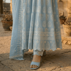 Sky Blue Pure Mulmul Cotton Chikankari Anarkali Suit Set - Tevar Studio