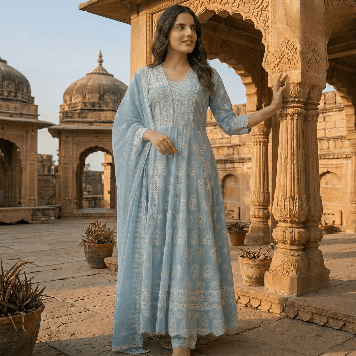 Sky Blue Pure Mulmul Cotton Chikankari Anarkali Suit Set - Tevar Studio
