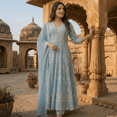 Sky Blue Pure Mulmul Cotton Chikankari Anarkali Suit Set - Tevar Studio