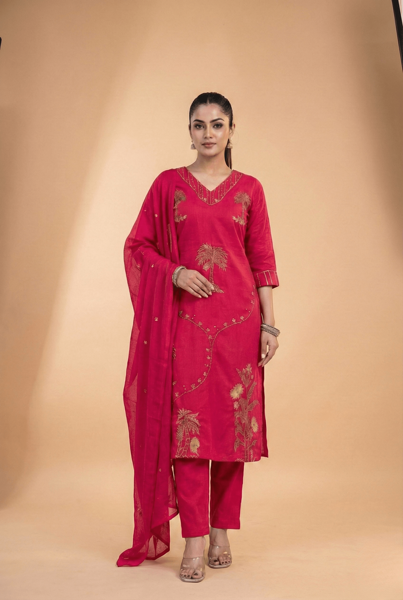 Tevar Studio Floral Embroidered Suit Set with Dupatta - Tevar Studio