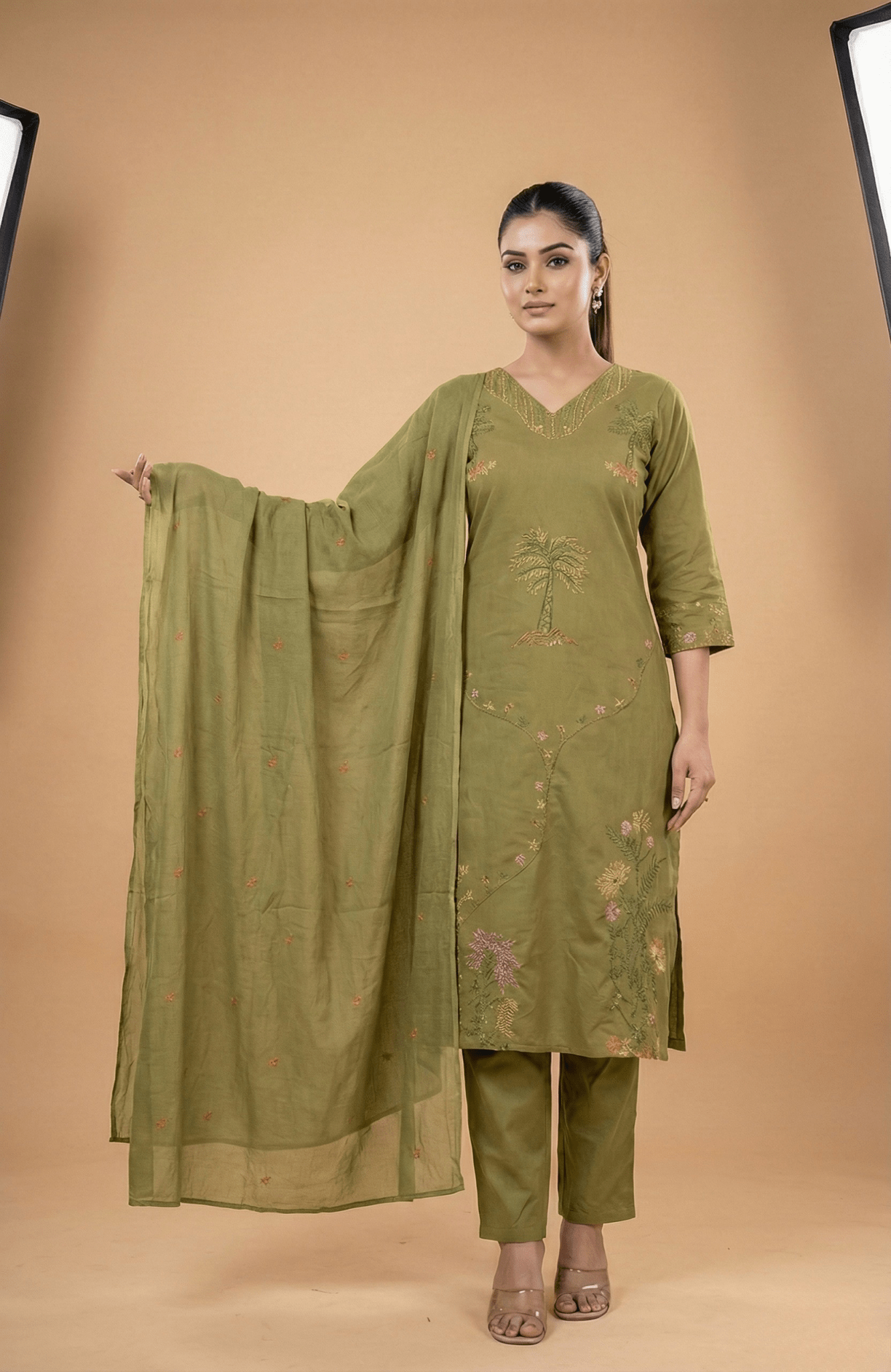 Tevar Studio Floral Embroidered Suit Set with Dupatta - Tevar Studio