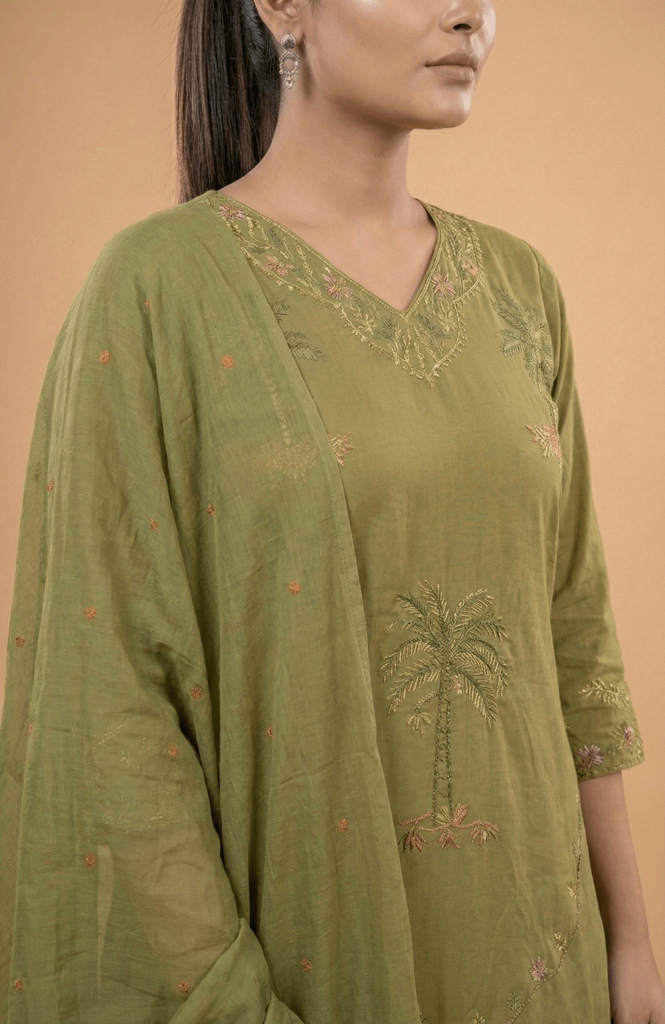 Tevar Studio Floral Embroidered Suit Set with Dupatta - Tevar Studio