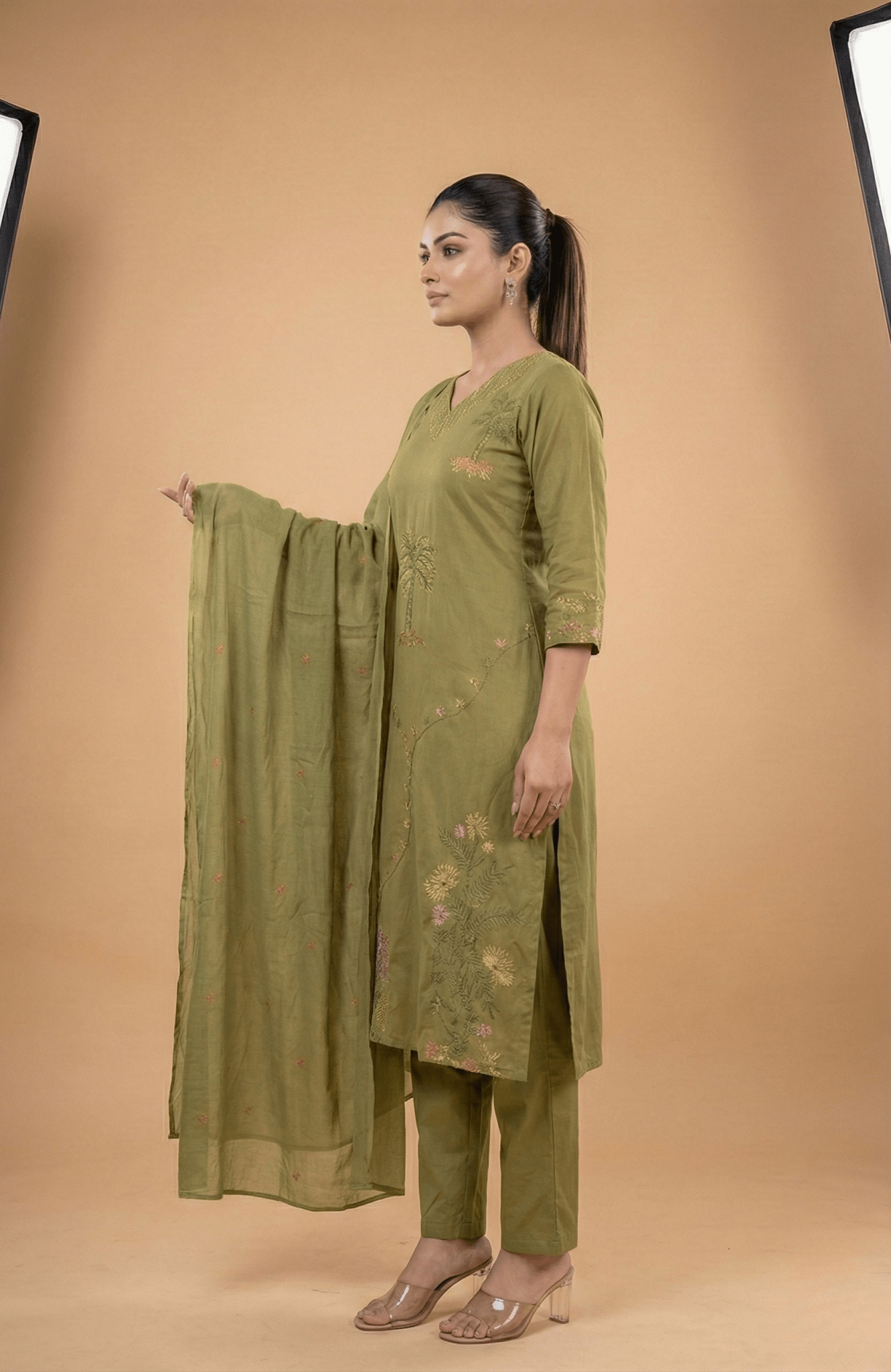 Tevar Studio Floral Embroidered Suit Set with Dupatta - Tevar Studio