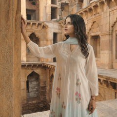 WHITE AND BLUE MULMUL A - LINE KURTA WITH PANT AND DUPATTA - Tevar Studio