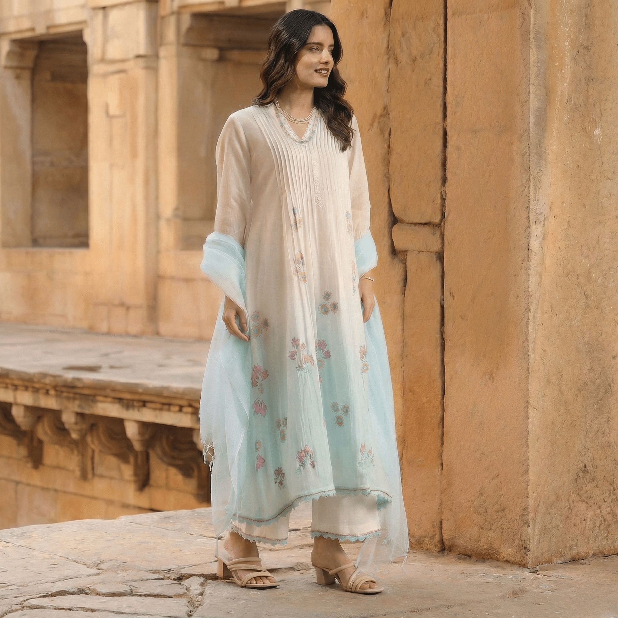 WHITE AND BLUE MULMUL A - LINE KURTA WITH PANT AND DUPATTA - Tevar Studio