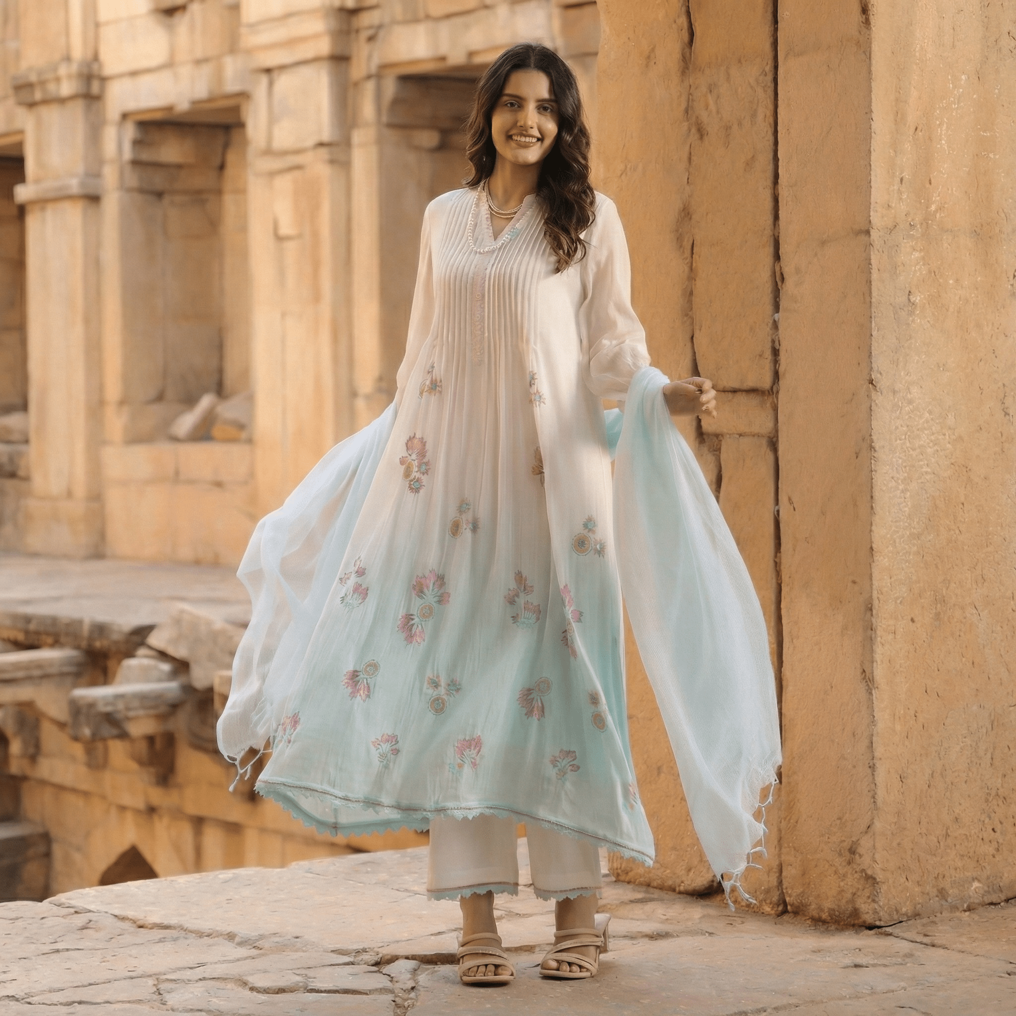 WHITE AND BLUE MULMUL A - LINE KURTA WITH PANT AND DUPATTA - Tevar Studio