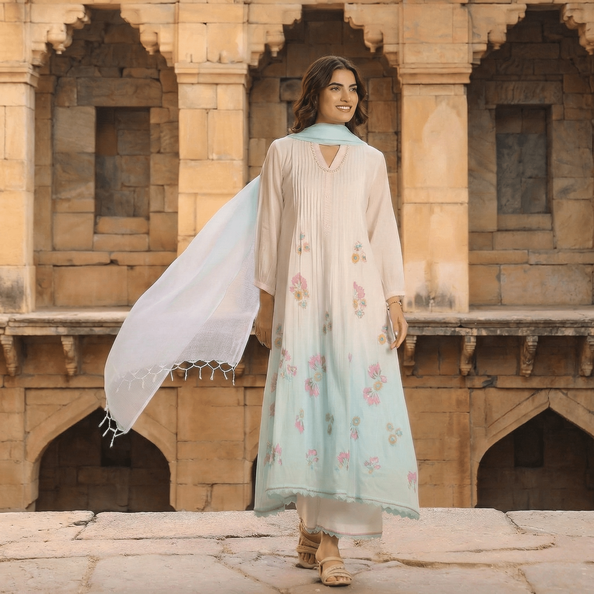 WHITE AND BLUE MULMUL A - LINE KURTA WITH PANT AND DUPATTA - Tevar Studio