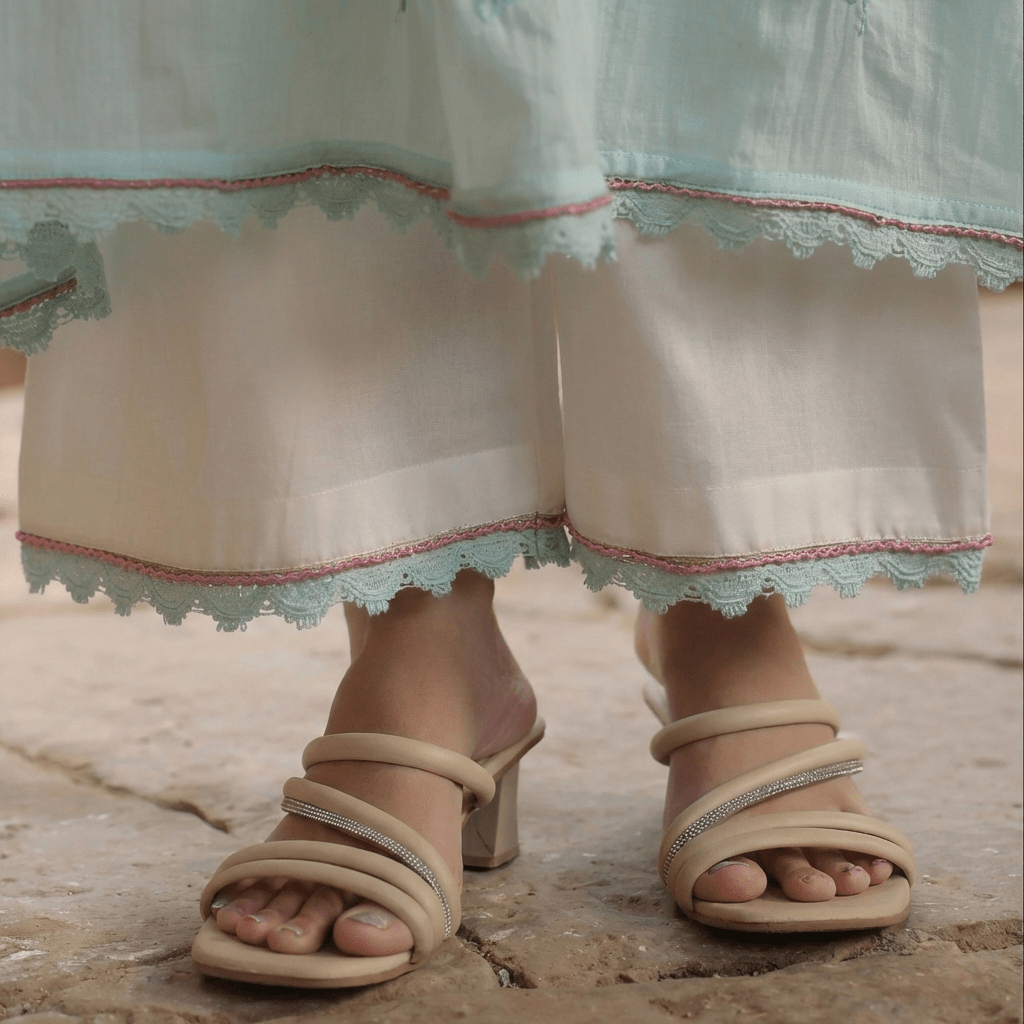 WHITE AND BLUE MULMUL A - LINE KURTA WITH PANT AND DUPATTA - Tevar Studio
