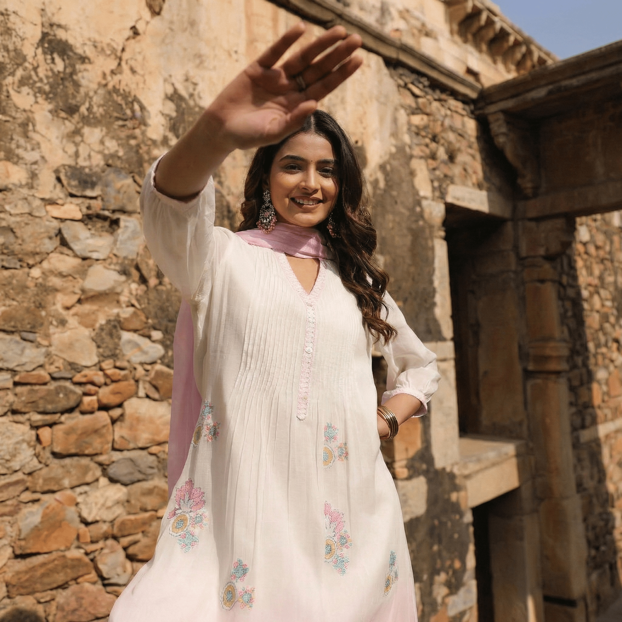 WHITE AND PINK MUL MUL A - LINE KURTA WITH PANT AND DUPATTA - Tevar Studio