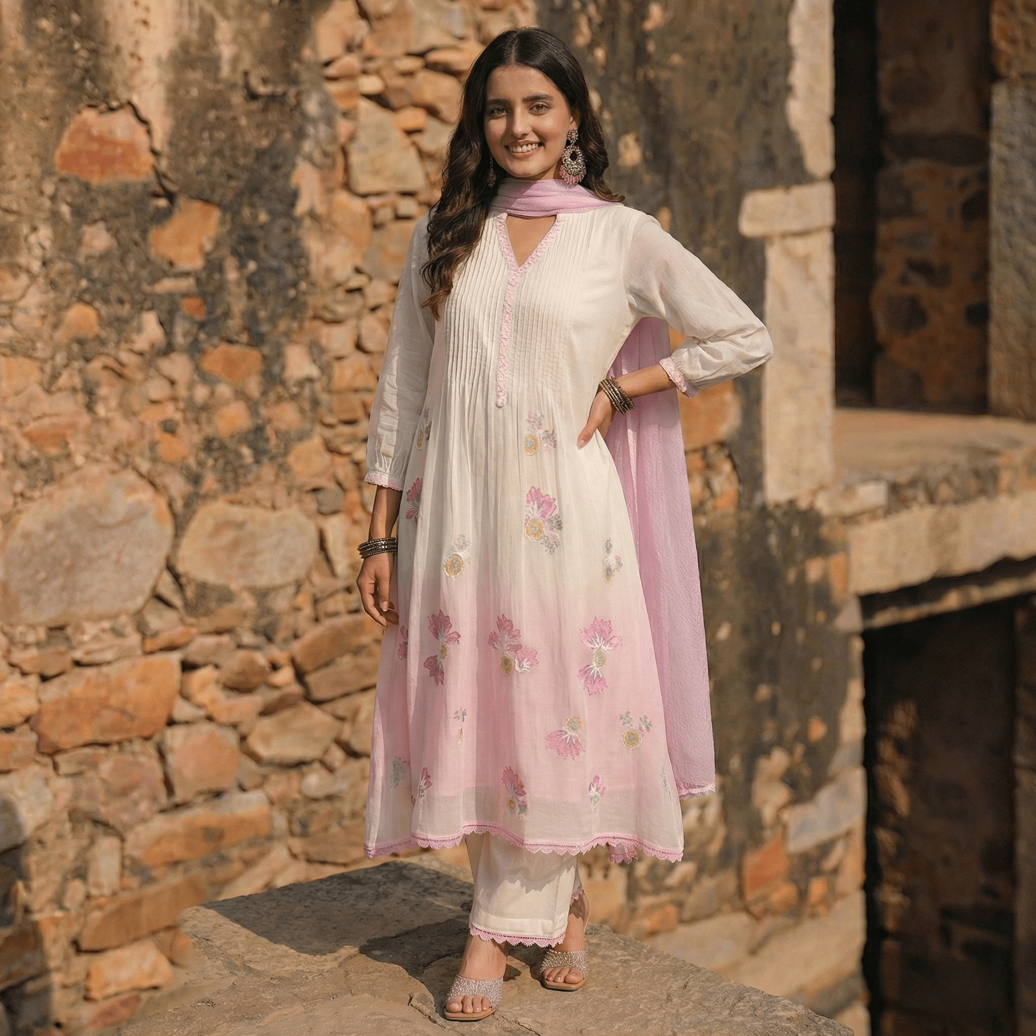 WHITE AND PINK MUL MUL A - LINE KURTA WITH PANT AND DUPATTA - Tevar Studio