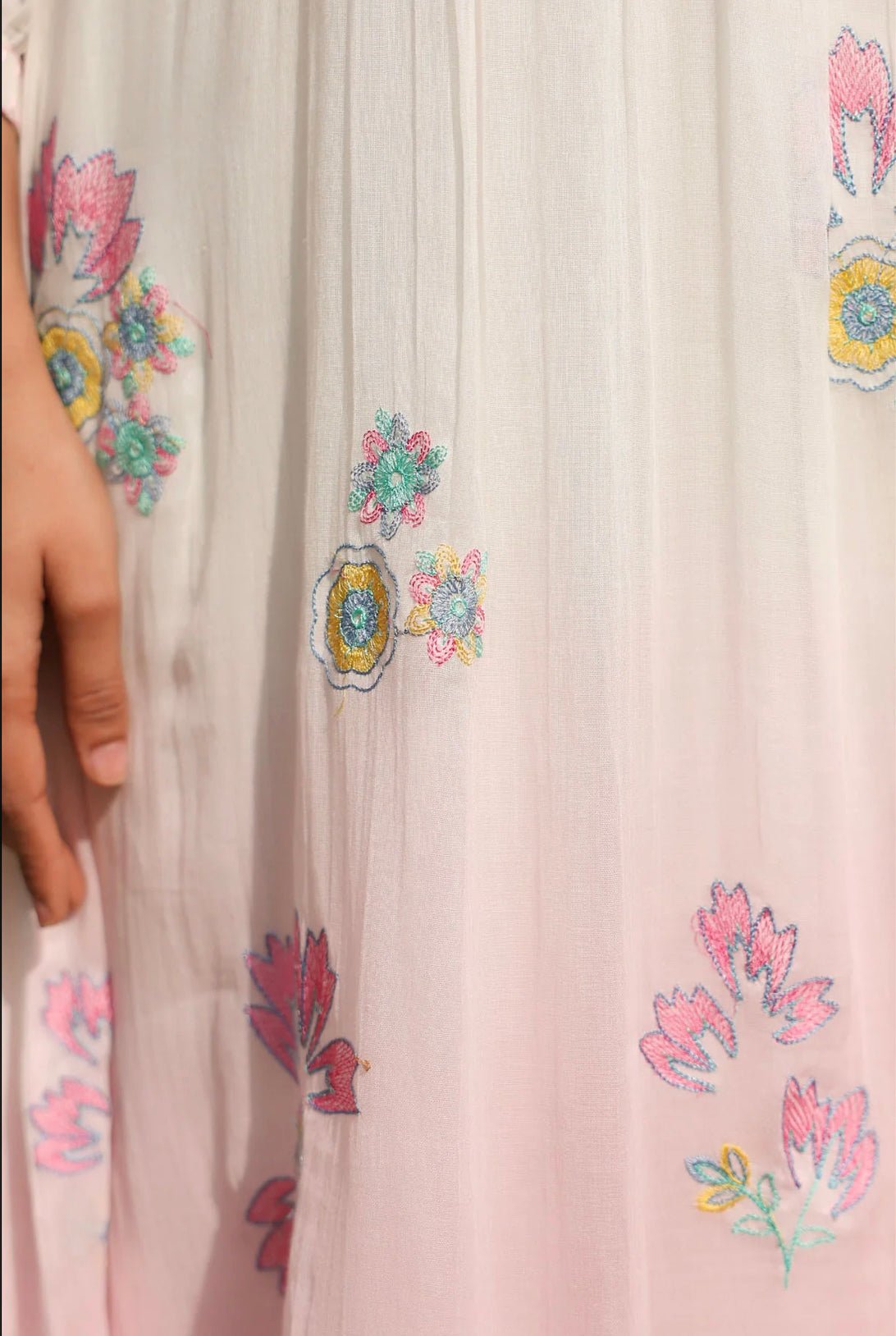 WHITE AND PINK MUL MUL A - LINE KURTA WITH PANT AND DUPATTA - Tevar Studio