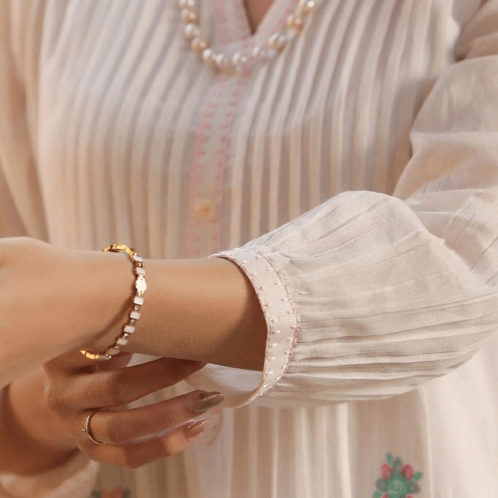 WHITE AND PINK MUL MUL A - LINE KURTA WITH PANT AND DUPATTA - Tevar Studio
