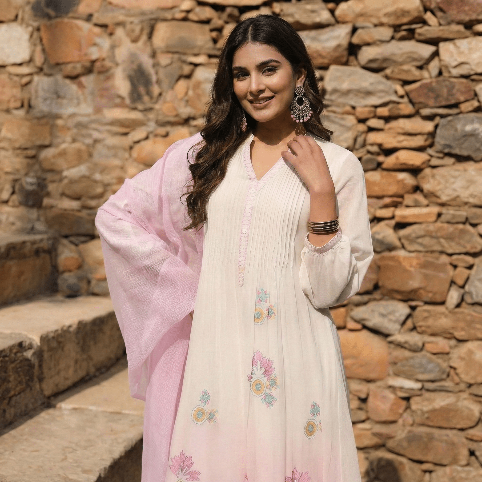 WHITE AND PINK MUL MUL A - LINE KURTA WITH PANT AND DUPATTA - Tevar Studio