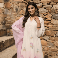 WHITE AND PINK MUL MUL A - LINE KURTA WITH PANT AND DUPATTA - Tevar Studio