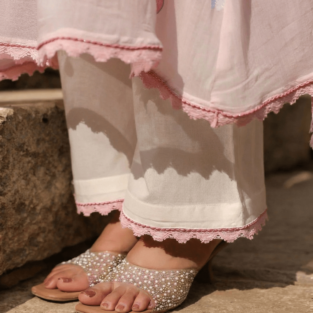 WHITE AND PINK MUL MUL A - LINE KURTA WITH PANT AND DUPATTA - Tevar Studio
