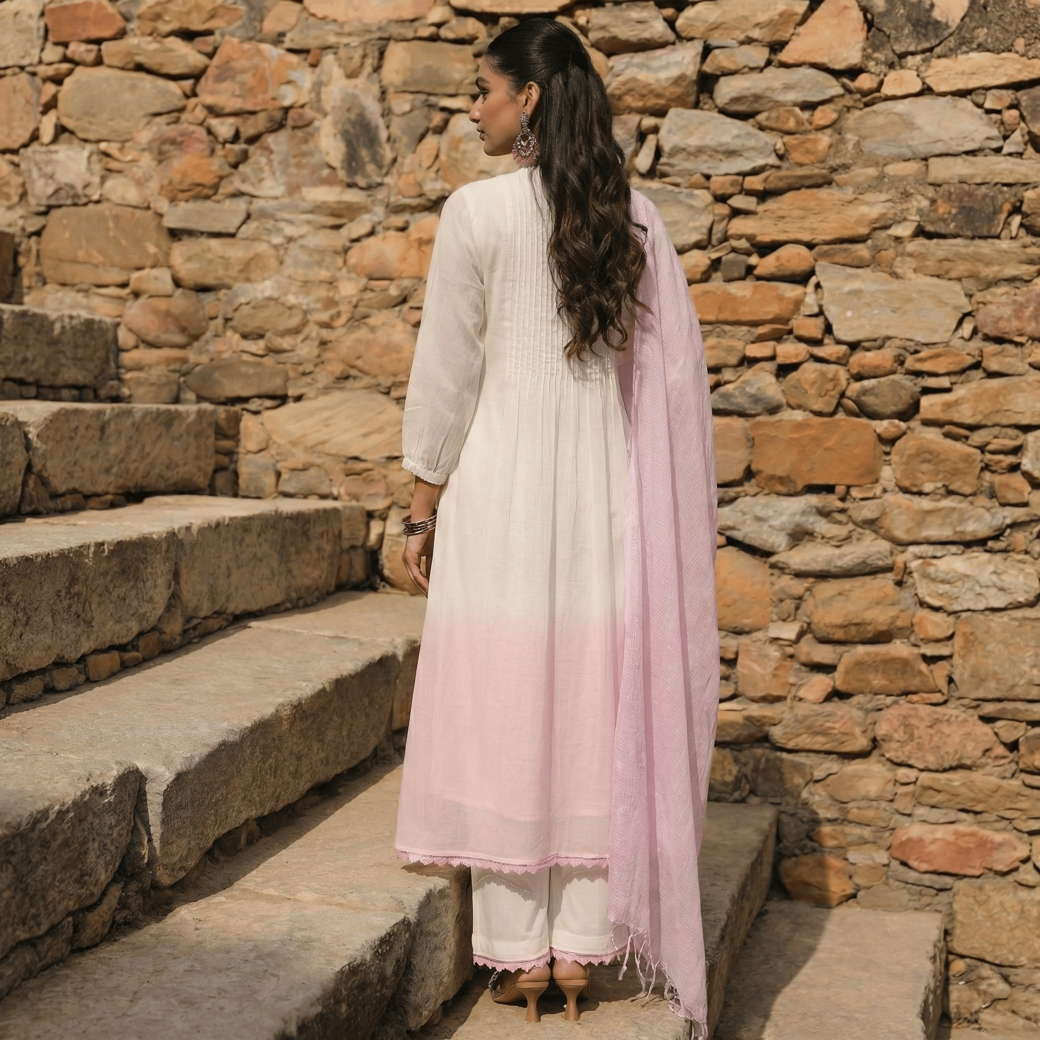 WHITE AND PINK MUL MUL A - LINE KURTA WITH PANT AND DUPATTA - Tevar Studio
